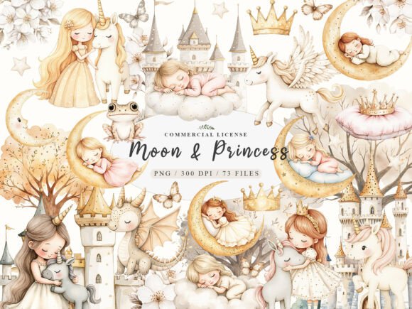 Download Watercolor Baby Dreamy Princess Moon Png - Premium Resources
