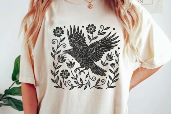 Download Vintage Folk Art Raven Floral Linocut Nature Illustration Png - Nature illustration Collection